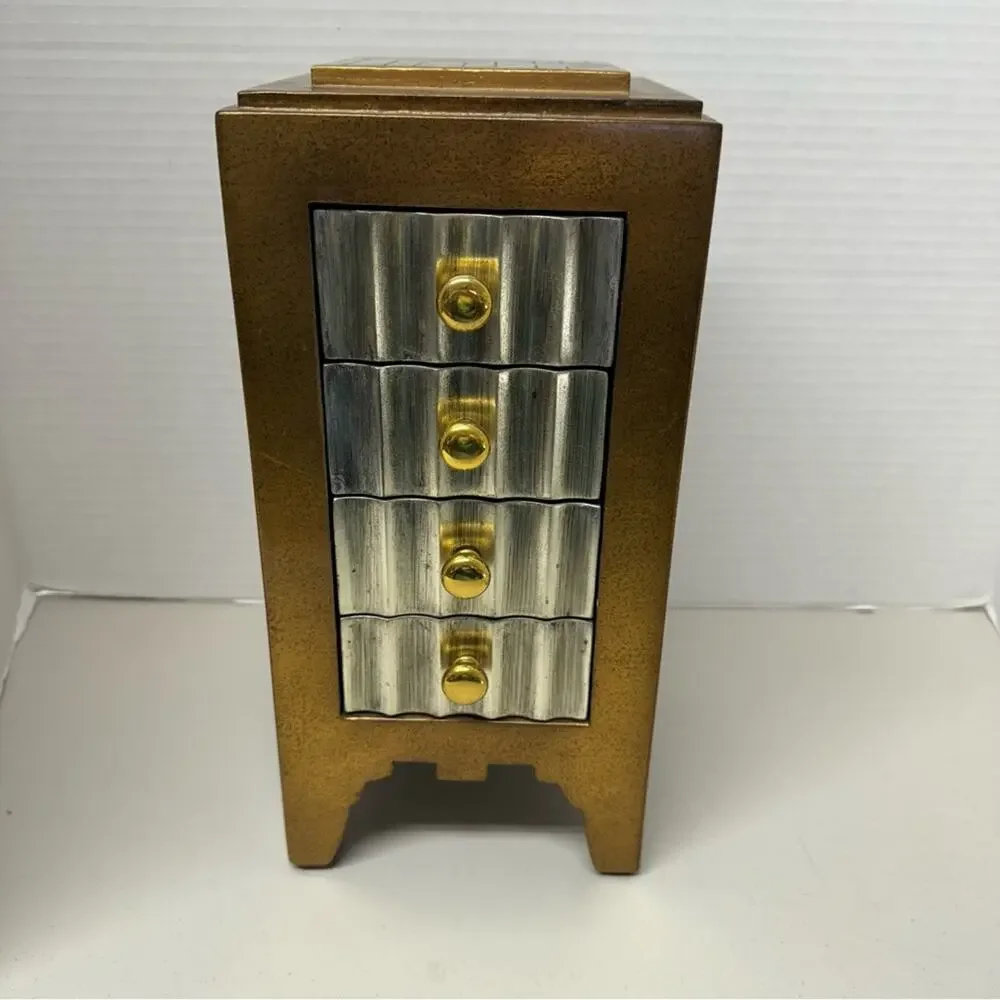 Artmax Bronze Silver Metal Large Jewelry Box 4 Drawer Vintage Rare Unique 80s